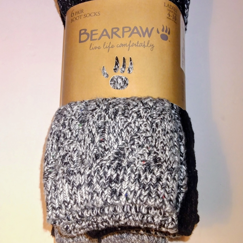 BearPaw Pkg Of 6 Sz. 4-10 Knit Boot Socks in Gray and Black